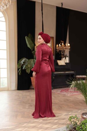  Drapeli Bordo Tesettür Abiye Elbise 50781BR - 4