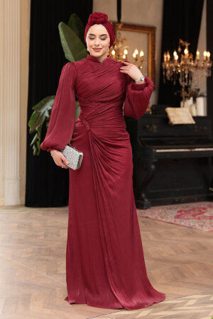  Drapeli Bordo Tesettür Abiye Elbise 50781BR - 3