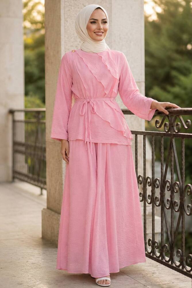 Drapeli Kuşaklı Tül Modal Pembe Tesettür Takım 31051P - 1