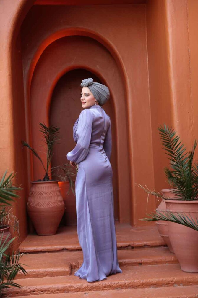 Drapeli Lila Tesettür Abiye Elbise 50781LILA - 3