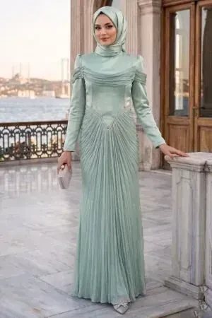 Drapeli Mint Tesettür Abiye Elbise 70136MINT - 1