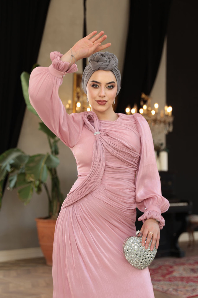 Drapeli Pudra Tesettür Abiye Elbise 51512PD - 3