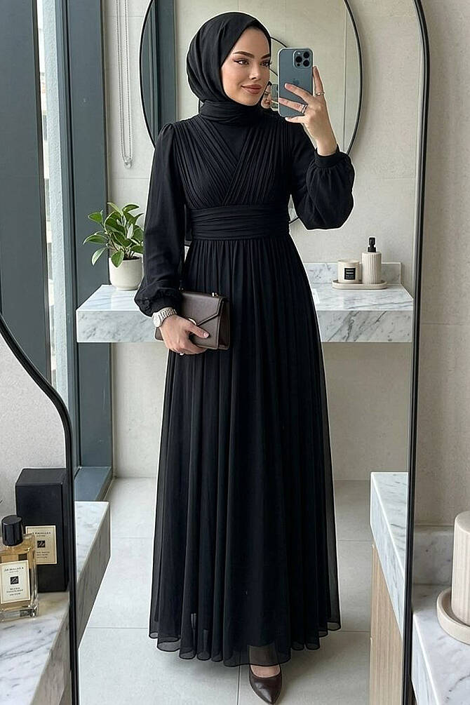 Drapeli Siyah Tesettür Abiye Elbise 46321S - 1