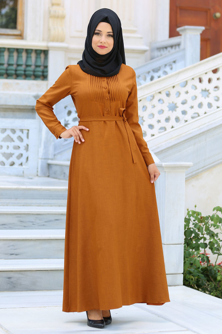 Dress - Yellowish Brown Hijab Dress 4062TB
