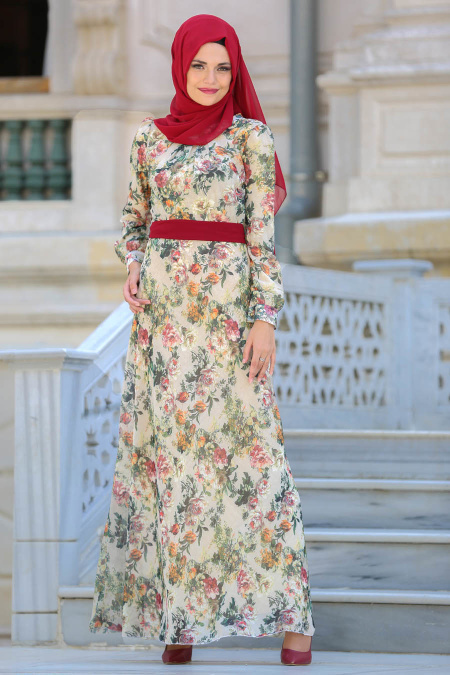 Dresses - Beige Hijab Dress 76938BEJ