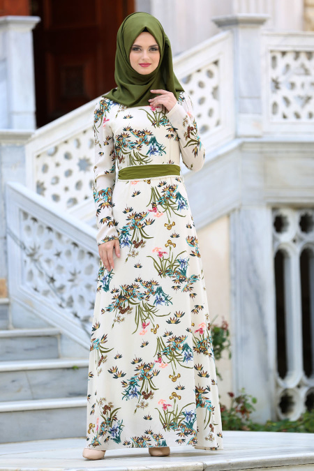 Dresses - Beige Hijab Dress 77650BEJ