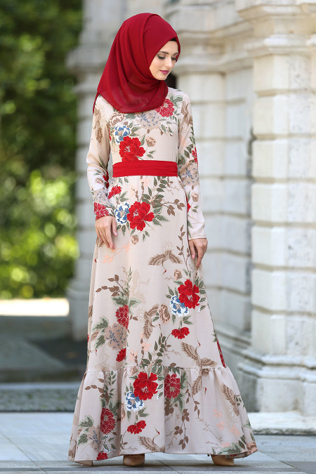 Dresses - Beige Hijab Dress 7775BEJ