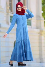 Dresses - Blue Hijab Dress 41630M - Thumbnail