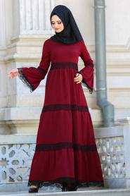Dresses - Claret Red Hijab Dress 41760BR - Thumbnail
