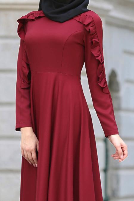 Dresses - Claret Red Hijab Dress 41820BR - 2