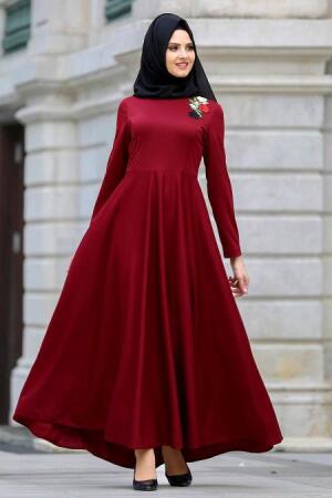 Dresses - Claret Red Hijab Dress 41910BR - 1