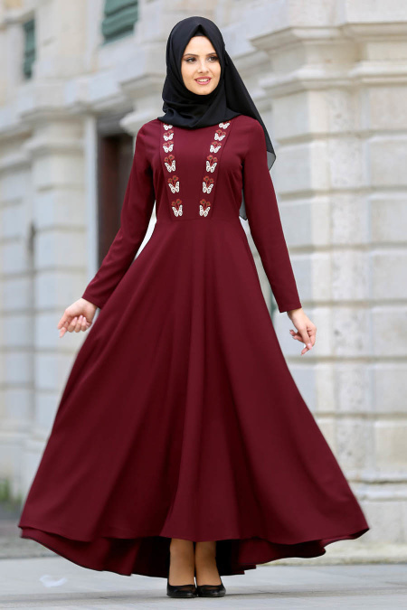 Dresses - Claret Red Hijab Dress 41960BR