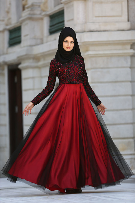 Dresses - Claret Red Hijab Dress 7829BR