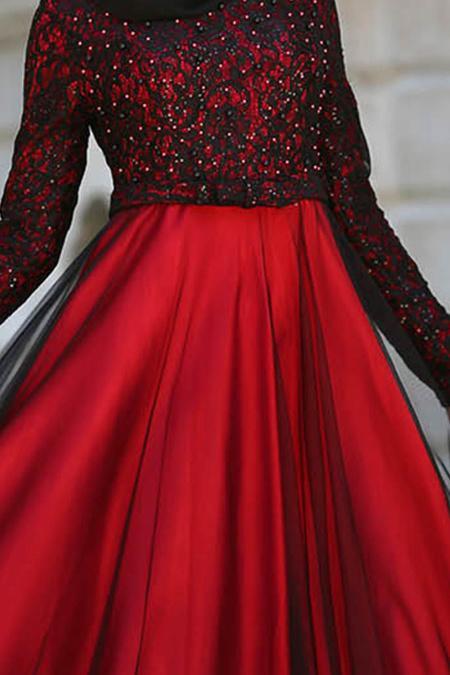 Dresses - Claret Red Hijab Dress 7829BR - 4