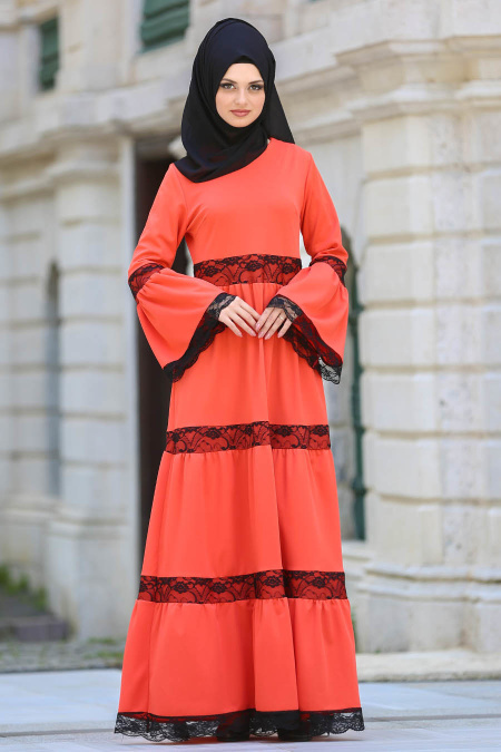 Dresses - Coral Color Hijab Dress 41760MR