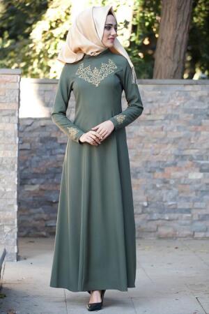 Dresses - Khaki Hijab Dress 3000HK - 1