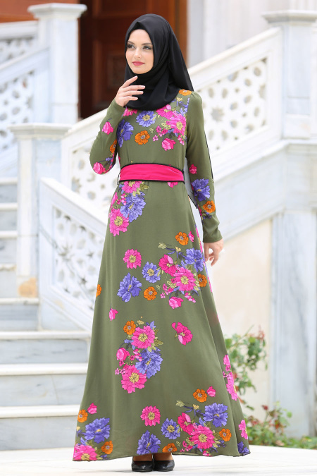 Dresses - Khaki Hijab Dress 7765HK