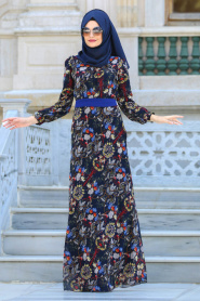 Dresses - Navy Blue Hijab Dress 76936L - Thumbnail