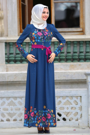 Dresses - Navy Blue Hijab Dress 7719L - Thumbnail