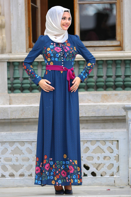 Dresses - Navy Blue Hijab Dress 7719L