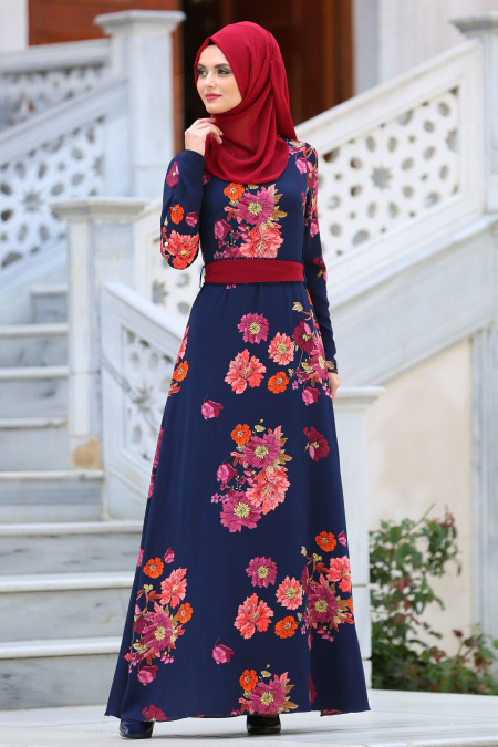 Dresses - Navy Blue Hijab Dress 7765L