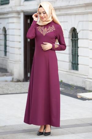 Dresses - Plum Color Hijab Dress 3000MU - 1