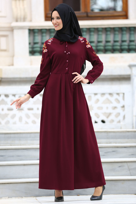 Dresses - Plum Color Hijab Dress 41730MU
