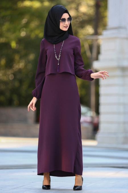 Dresses - Plum Color Hijab Dress 41790MU