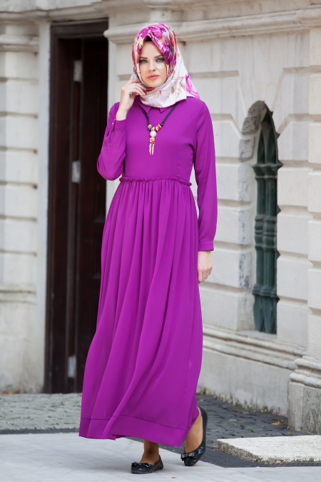 Dresses - Plum Color Hijab Dress 5088MU