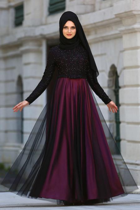 Dresses - Purple Hijab Dress 7829MOR - 2