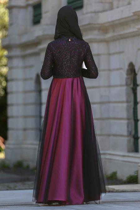 Dresses - Purple Hijab Dress 7829MOR - 3