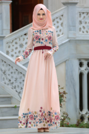 Dresses - Salmon Pink Hijab Dress 7719SMN - Thumbnail