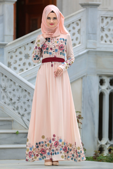 Dresses - Salmon Pink Hijab Dress 7719SMN