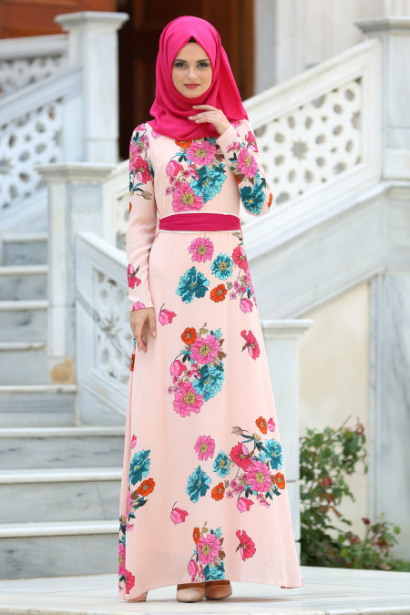 Dresses - Salmon Pink Hijab Dress 7765SMN