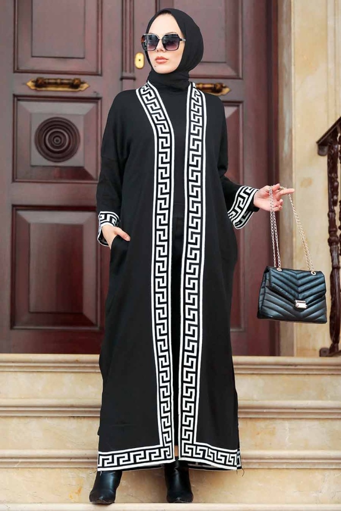 Şerit Desenli Siyah Tesettür Triko Hırka 3049S - 1