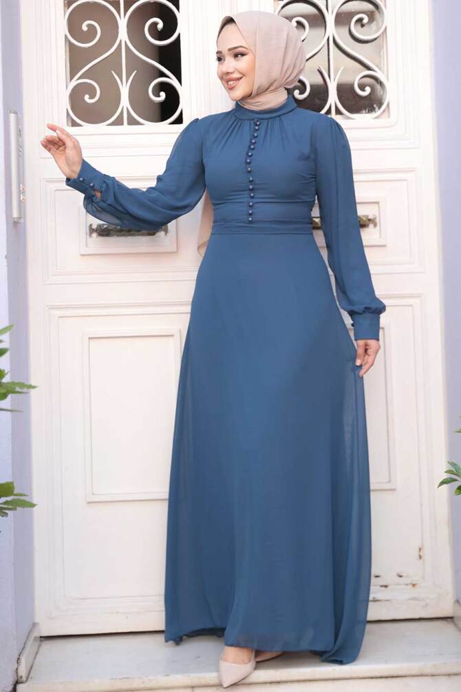 Düğme Detaylı Açık Lacivert Tesettür Elbise 2703AL - 1