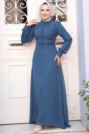 Düğme Detaylı Açık Lacivert Tesettür Elbise 2703AL - 2