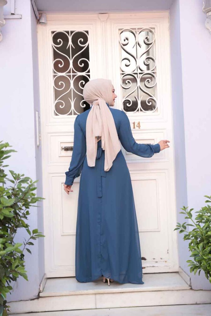 Düğme Detaylı Açık Lacivert Tesettür Elbise 2703AL - 3