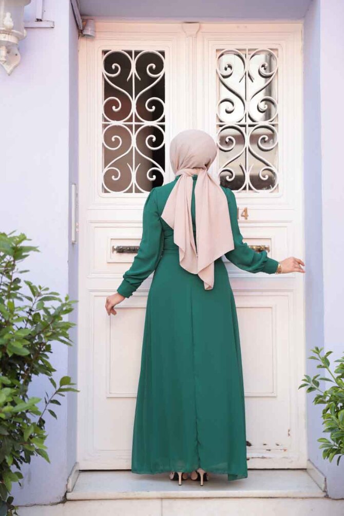 Düğme Detaylı Açık Yeşil Tesettür Elbise 2703AY - 4