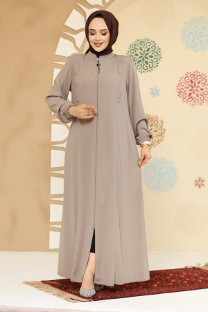 Düğme Detaylı Bej Tesettür Abaya 45304BEJ - 3