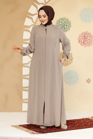 Düğme Detaylı Bej Tesettür Abaya 45304BEJ - 2