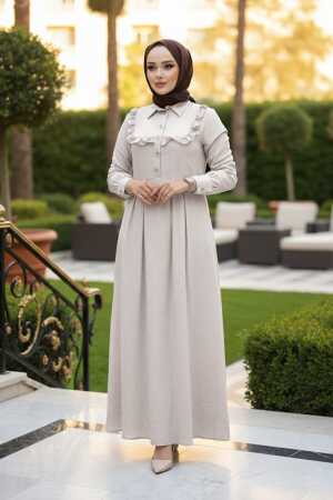 Düğme Detaylı Bej Tesettür Elbise 7224BEJ - N.S NEVA STYLE