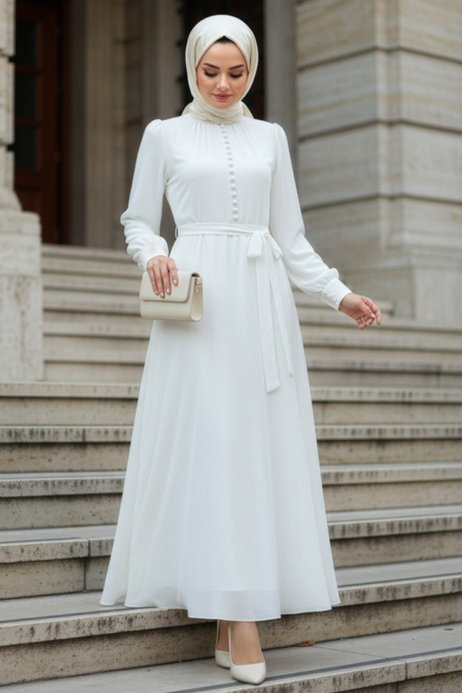 Düğme Detaylı Beyaz Tesettür Elbise 2703B - 1