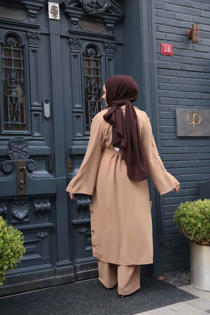 Düğme Detaylı Bisküvi Tesettür Üçlü Takım 7677BS - 4