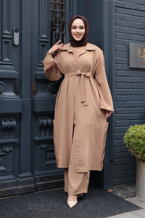 Düğme Detaylı Bisküvi Tesettür Üçlü Takım 7677BS - 2