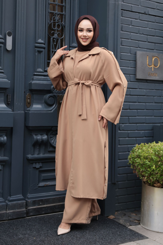 Düğme Detaylı Bisküvi Tesettür Üçlü Takım 7677BS - 3