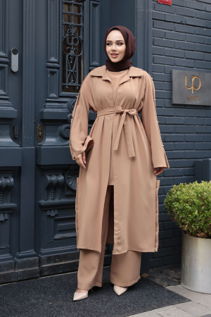 Düğme Detaylı Bisküvi Tesettür Üçlü Takım 7677BS - N.S NEVA STYLE