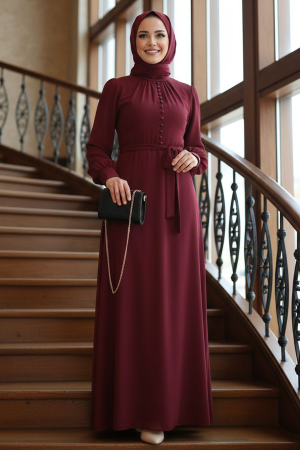  Düğme Detaylı Bordo Tesettür Elbise 2703BR - 1