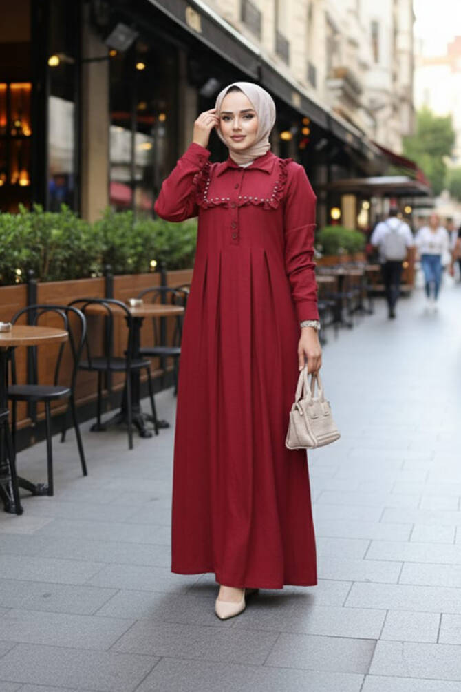 Düğme Detaylı Bordo Tesettür Elbise 7224BR - N.S NEVA STYLE