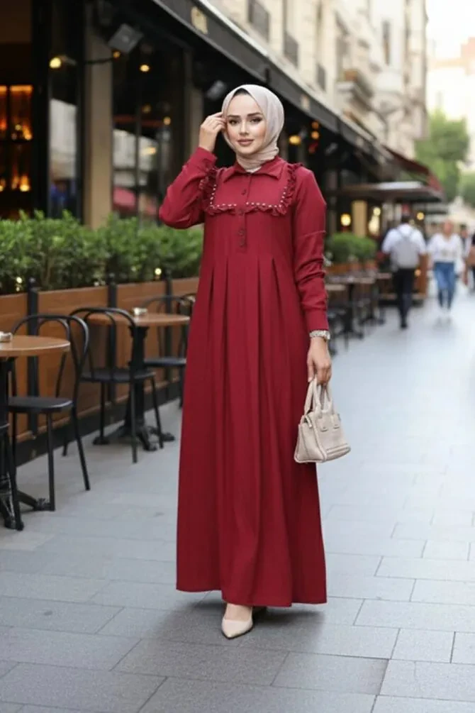Düğme Detaylı Bordo Tesettür Elbise 7224BR - 1